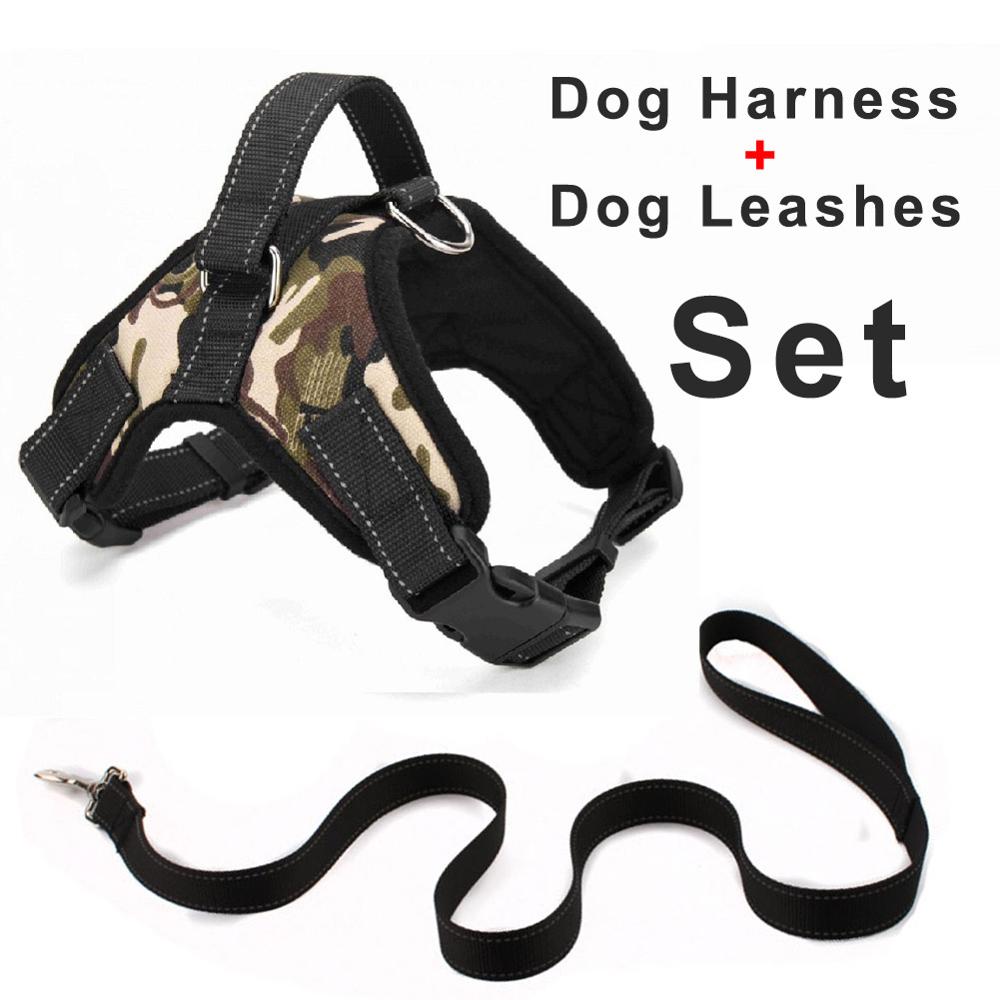 Oxford Hond Harnas + 120 cm Riemen Set Voor Grote Middelgrote Kleine Honden Verstelbare Reflecterende Harnassen met Doberman herder husky: Camouflage / Xl