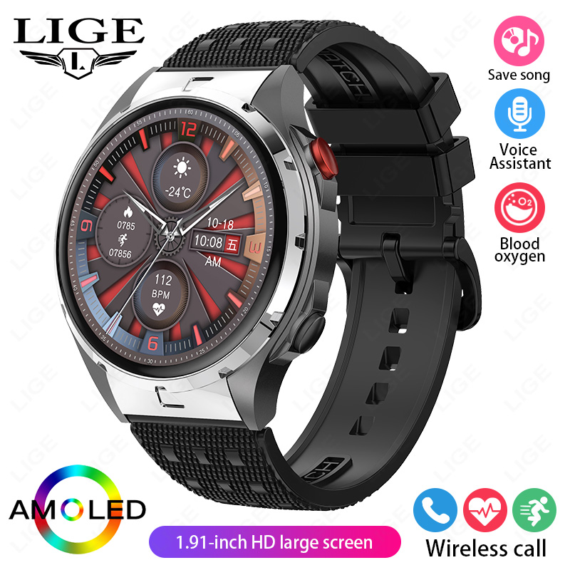 LIGE AMOLED Screen ricarica Wireless NFC Smart Watch Sport impermeabile orologio da uomo Smartwatch da donna 1GB grande memoria chiamata Bluetooth: Black