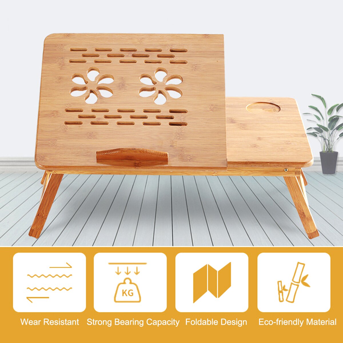 Foldable Bamboo Notebook Laptop Desk Stand Bed Tray Table Height Adjustable with 4 Angles Tilting Top Cooling Fan Drawer