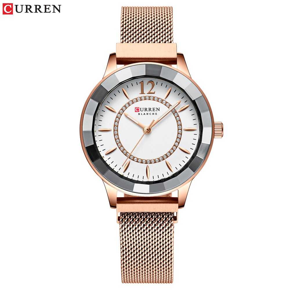 Curren Strass Mode Quartz Mesh Stalen Horloge Voor Vrouwen Causale Blauw Dames Horloge Bayan Kol Saati Classy Luxe Klok: rose white