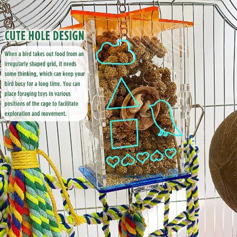 Bird Foraging Toys Parrot Feeder Intelligence Cage Acrylic Food Box Swing Rope Toys Millet Container for Cockatiel Conure Reliev