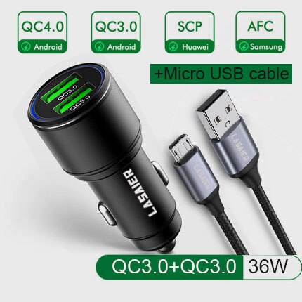 Lasaier Quick Charge 3.0 36W QC Car Charger for Samsung S10 9 Fast Car Charging for Xiaomi iPhone QC3.0 Mobile Phone USB Charge: Black with Micro