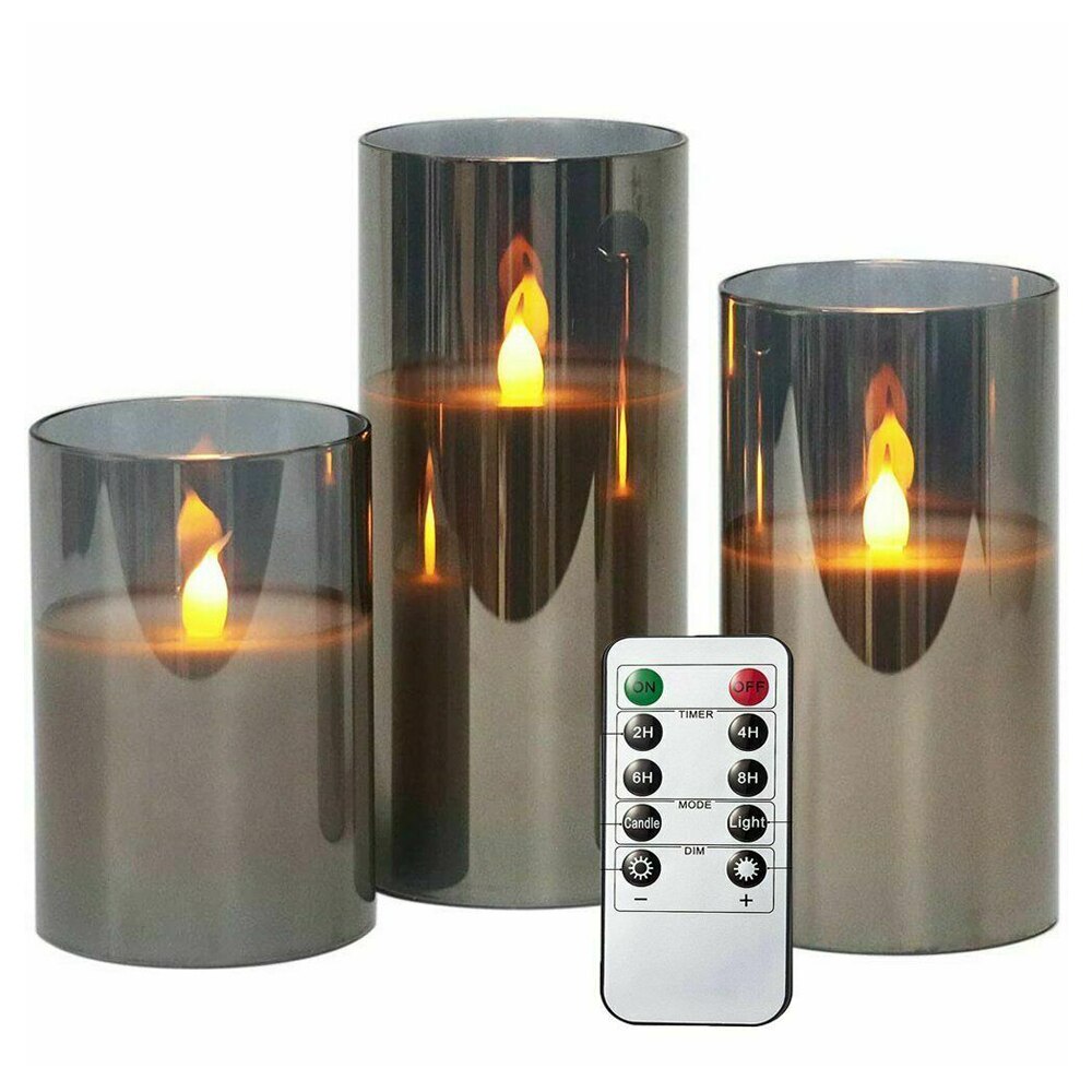 3Pcs Golden Gray Authentic Flame Flickering LED Candle Light Glass Jar Wax Indoor Electronic Remote Control Candle Warm Light: Grey