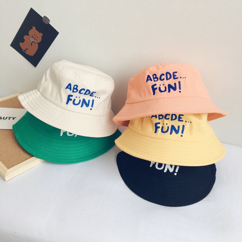 Sombreros de cubo informales para niños y niñas, gorro de pescador con letras de decoración de algodón, para playa al aire libre, para acampar y pescar