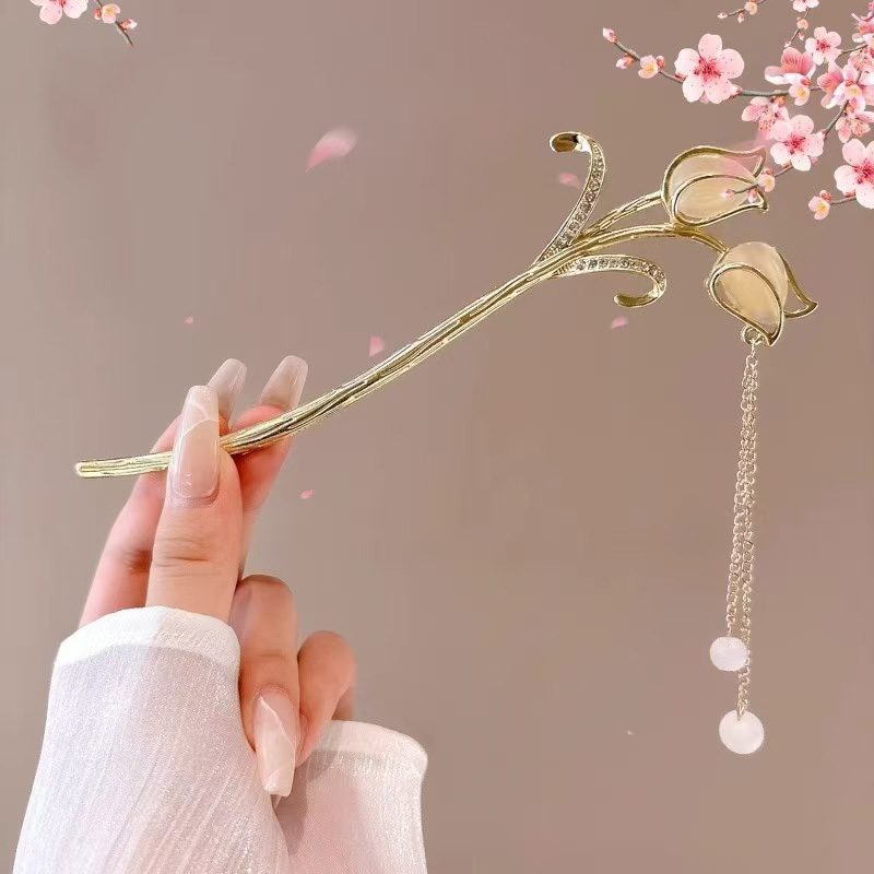 Accesorio para el cabello de estilo chino romántico, joyería de aleación, aguja para el cabello para mujer, adecuado para uso diario, , horquilla de para niñas, 1 ud.: Bañado en rodio de imitación