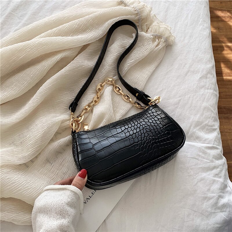 С доставкой krokodille mønster baguette tasker mini pu læder skuldertasker til kvinder kæde luksus håndtaske: Sort