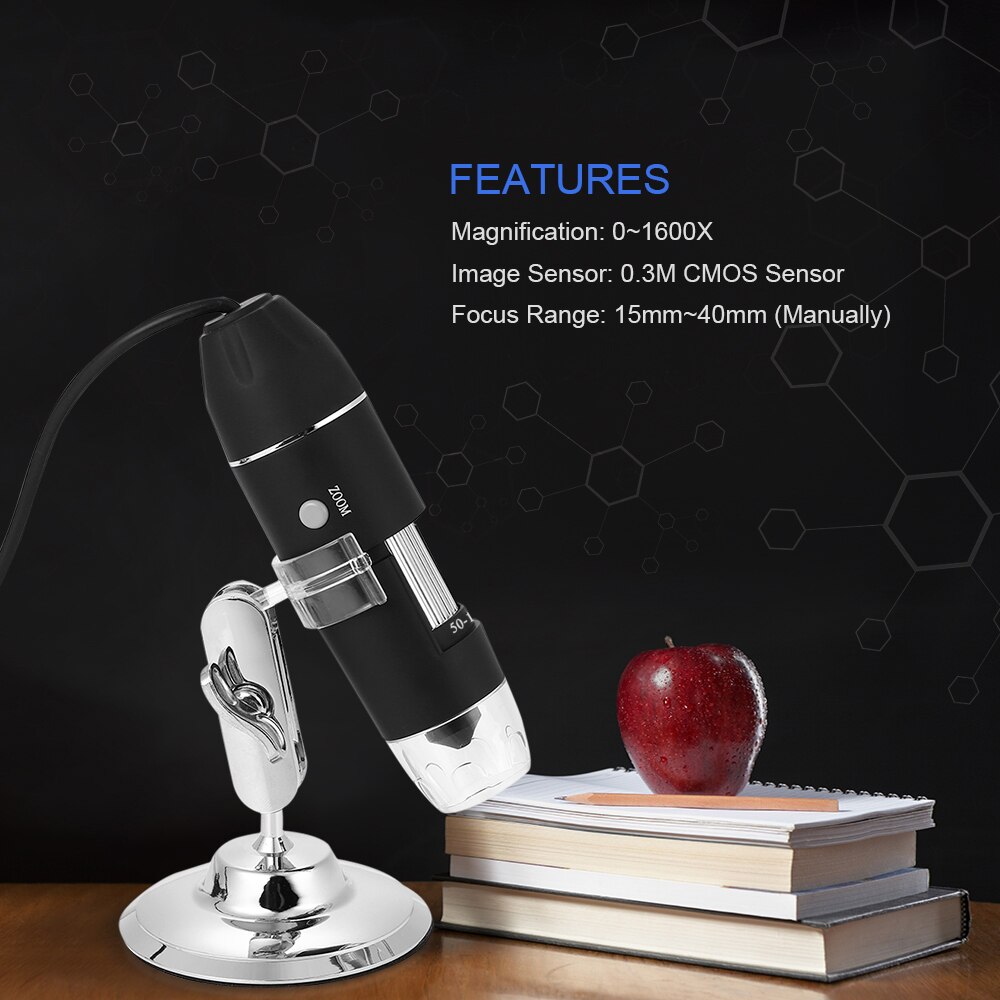 1600X microscope grossissement USB Microscope numérique avec fonction OTG Endoscope 8-lumière LED loupe + support