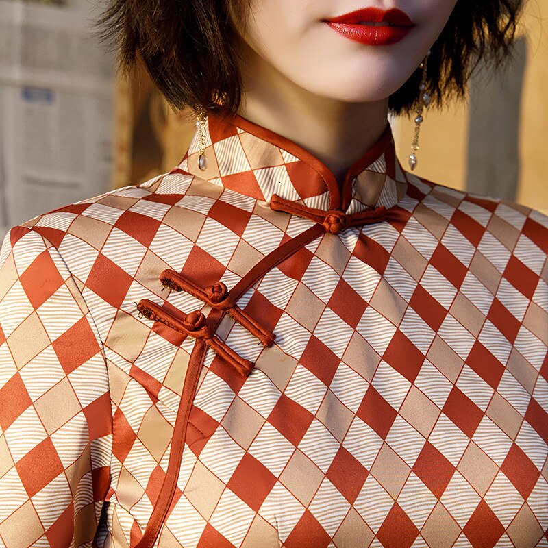 Red Rhombus Pattern Chinese Dress Spell Color Plaid Qipao Dresses Women Clothing Cheongsam Modern Vestido Chino Mujer Knee Qipao