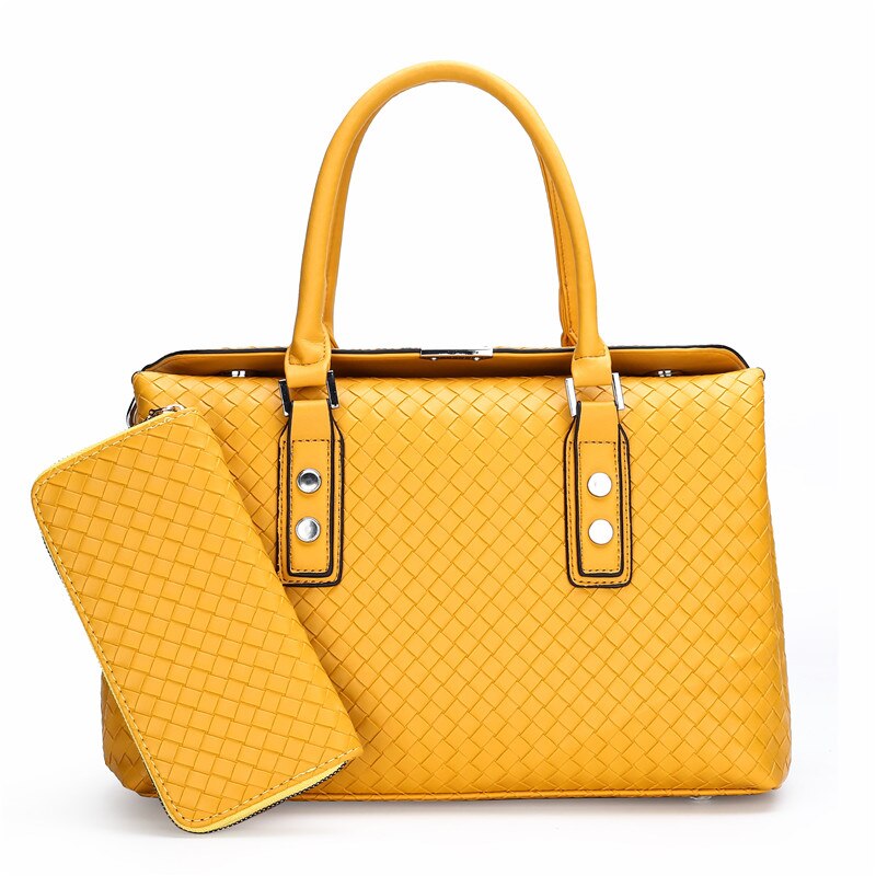 Olsitti Mode Patroon Gevlochten Pu Lederen Handtassen Schoudertassen Voor Vrouwen Dames Luxe Trending Boodschappentas 2Pcs: Yellow