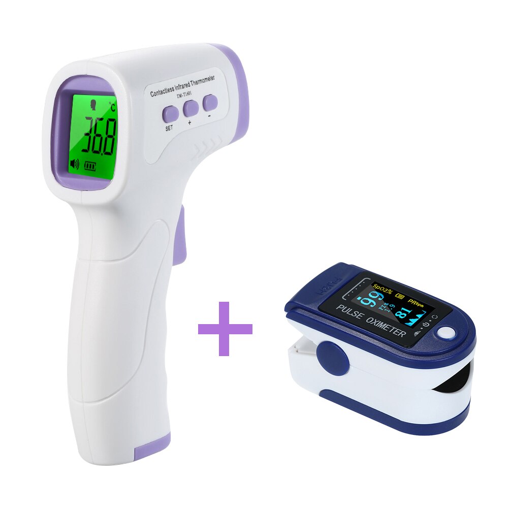 Portable 1/2pcs Fingertip Pulse Oximeter Mini SpO2 Monitor Oxygen Saturation Monitor +Non-Contact Digital Forehead Thermometer: C-MD265