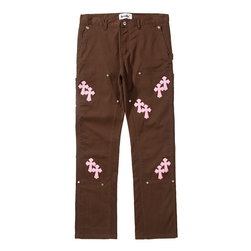Jean déchiré rétro avec un croix brodée pour hommes, denim décontracté, pantalons délavés, droits, surdimensionnés, jeans, pantalon, haut, rue: Marron / Asian34