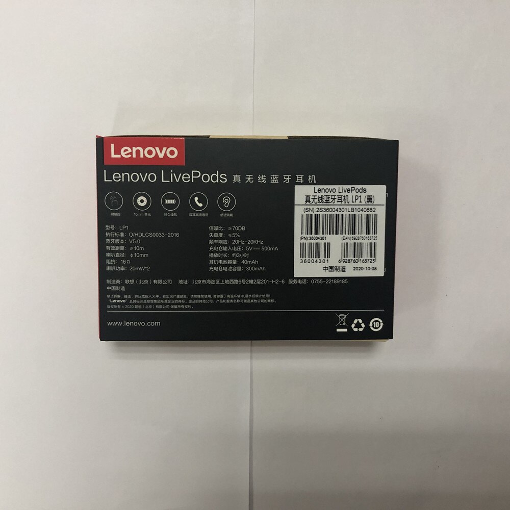 Lenovo-auriculares inalámbricos LP1 con TWS, cascos con Bluetooth 5,0, estéreo Dual, reducción de ruido, bajos, Control táctil, modo de reposo Larga, 300mAH