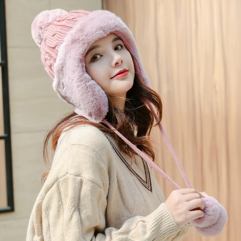 Gorro de lana con orejeras para mujer, pompón de piel de conejo, grueso, cálido, tejido frío, informal, Invierno