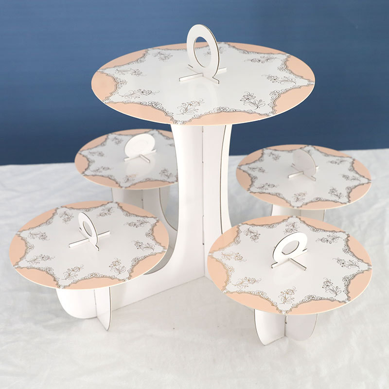 5 Plate Cardboard Afternoon Tea Cupcake Cake Stand Birthday Party Dessert Display Stand Pastry Serving Platter for Party Decor: Pink