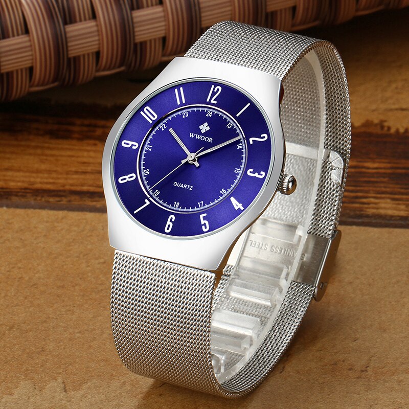 Wwoor Classic Mannen Horloges Top Luxe Blue Sport Quartz Horloge Mannen Ultra-Dunne Stalen Mesh Waterdichte Polshorloge reloj Hombre