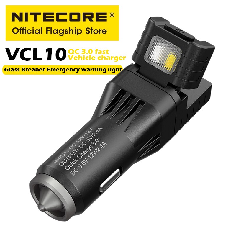 Nitecore VCL10 Voertuig Charger Multifunctionele Usb Autolader Qc 3.0 Snel Opladen Adapter Met Led Noodverlichting Glas breaker