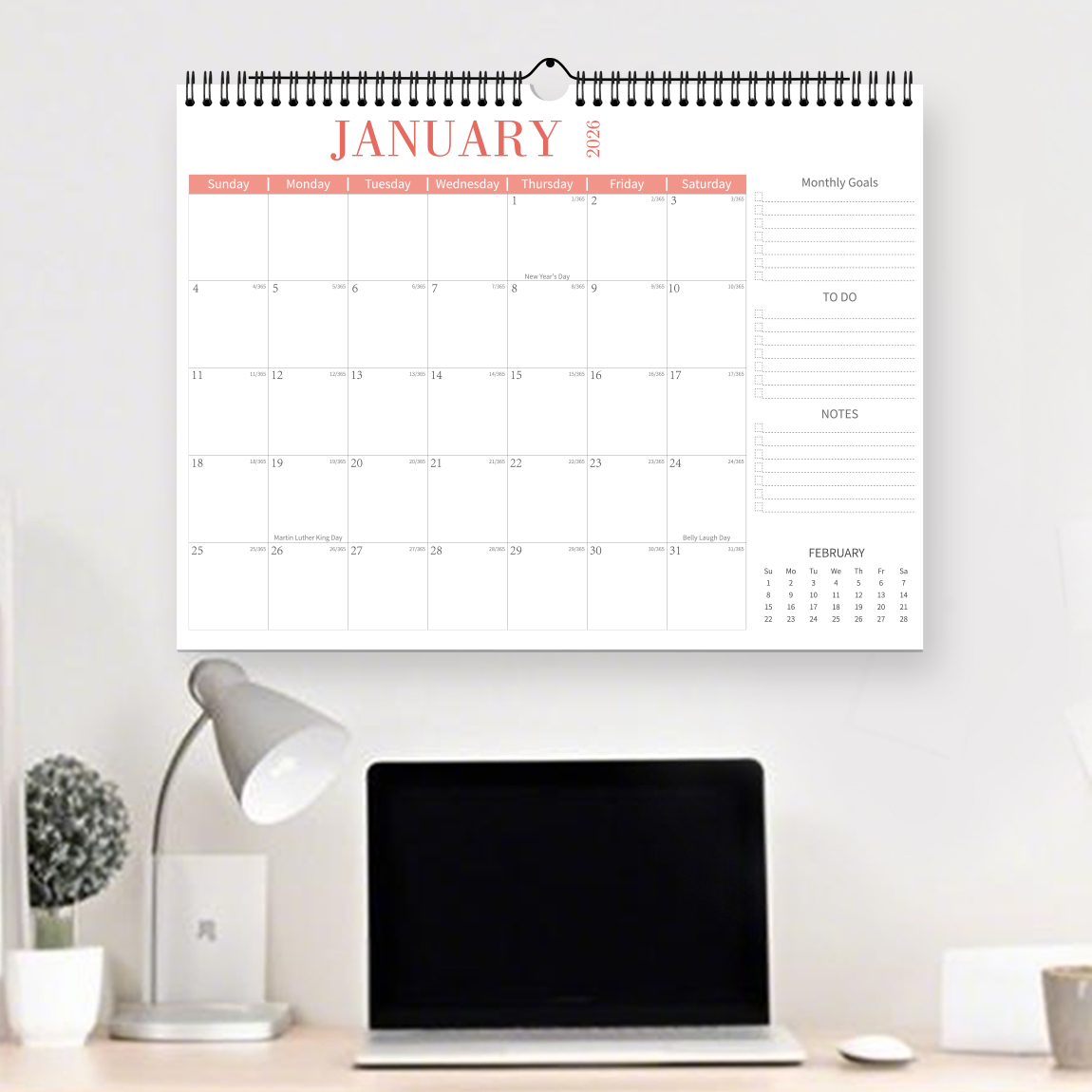 Kalendarz minimalistyczny na lata 2026-2027, kalendarz ścienny poziomy, 18 miesięcy z aktualnymi datami, robić powieszenia, planowanie miesięczne.