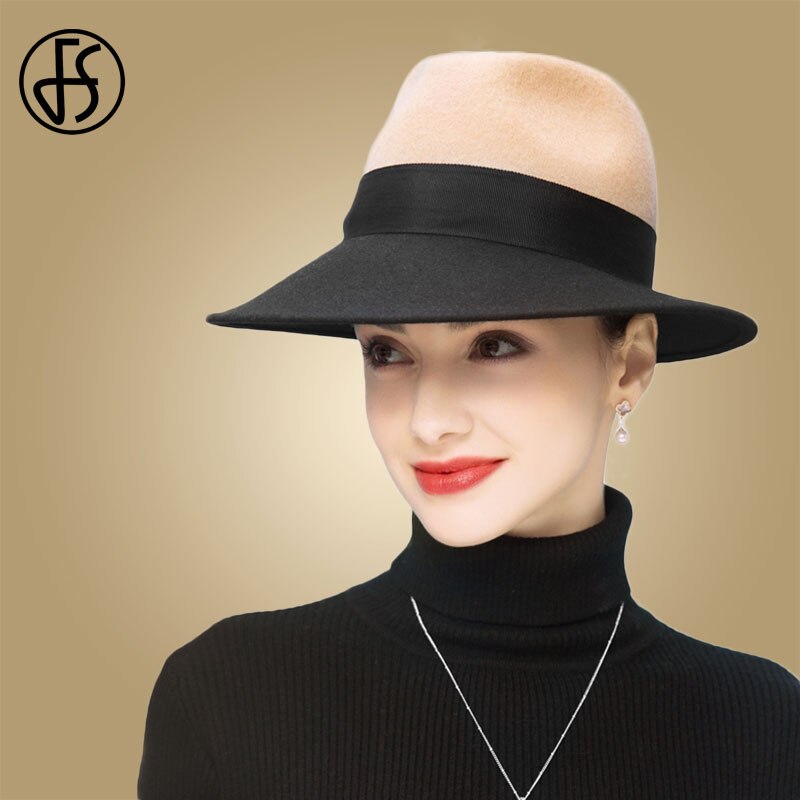 Fs bred brätte fedora kamel och svart dam hattar med band ull filt hattar bowler hatt chapeau femme feutre dam trilby hatt