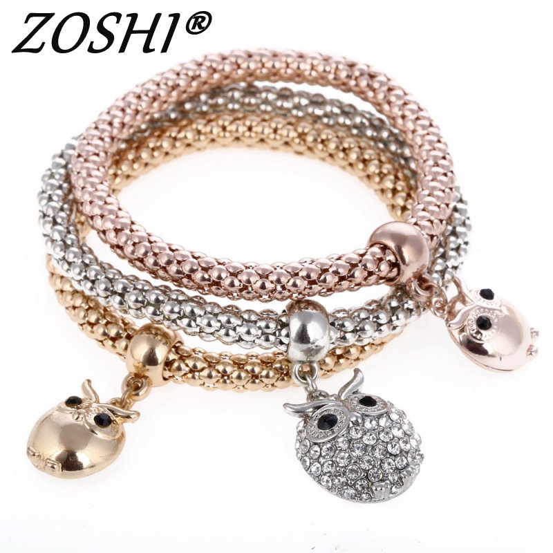 3 Teile/satz Eule Kristall Herz Armbinde & Armbinde Gold/Silverized Elefanten Anker Anhänger Weibliche Strass Armbinde