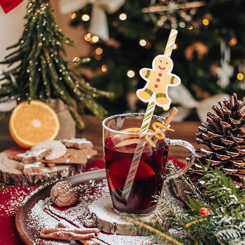 10pcs/set Santa Claus Snowman Elk Paper Drinking Straws Christmas Party DIY Paper Straw Tableware Year Party Decor Supplies