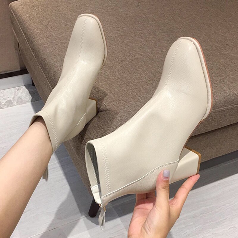 Luxe Vrouwen Beige 7Cm Blok Hoge Hakken Enkellaarsjes Winter Vrouwelijke Vierkante Neus Chelsea Laarzen korte Laarzen