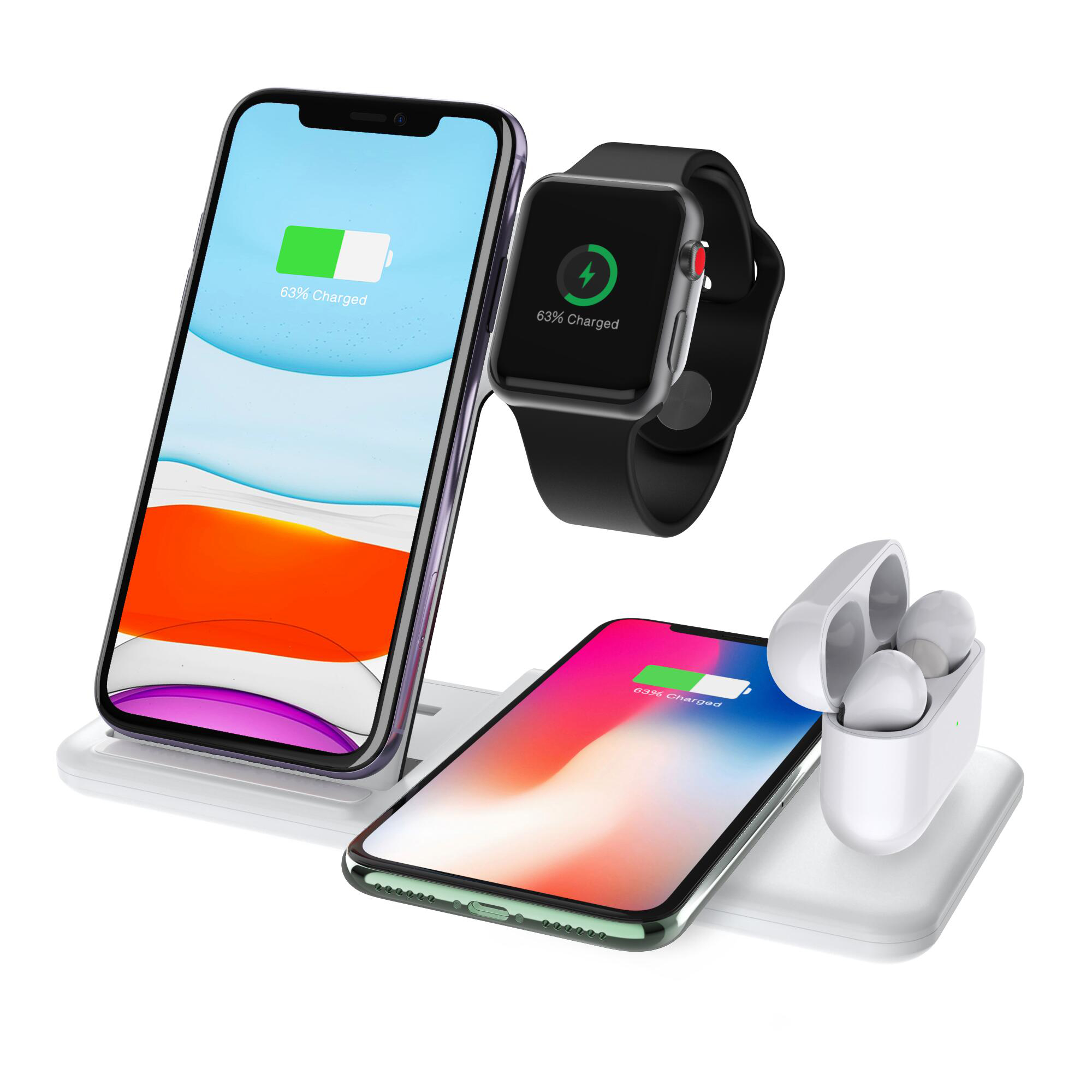 4 in 1 15w langaton laturi jalusta iphone x xs  xr 8 11 apple watch 5 4 3 2 airpods pro samsung qi pikalatausasemat telakka-asema: Valkoinen