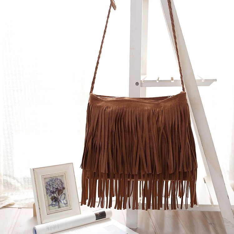 Vintage Frosted PU Leather Fringe Tassel Bags Women Handbag Messenger Crossbody Shoulder Bag Woman Lady Bohemian Hippie Hobo Bag: 1