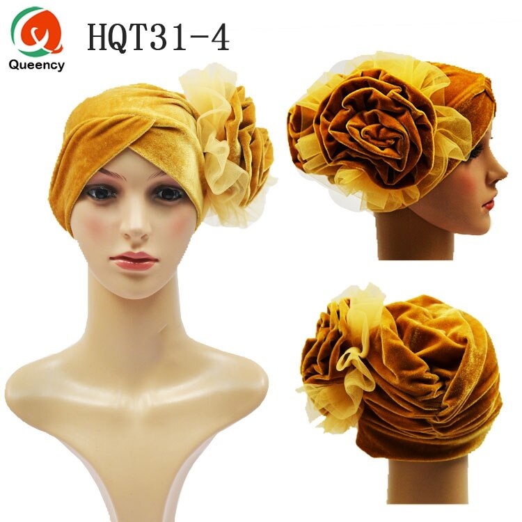 HQT31 Turban Nigeria cravate dames velours Tuban Gele casque musulman arabe Bonnet fleur chapeau pour mariage et fête: gold