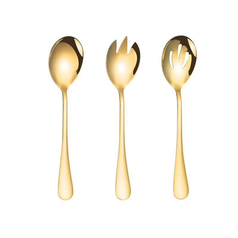 3Pcs Salad Dessert Spoon Set Large Stainless steel Salad Fork Spoon Serving Set Tablespoon Salad Server Kitchen Spoon Utensils: 3pcs Gold