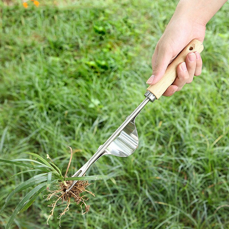 Wood Handle Stainless Steel Garden Weeder Hand Weeding Removal Cutter Dandelion Puller Tools Multifunction Weeder