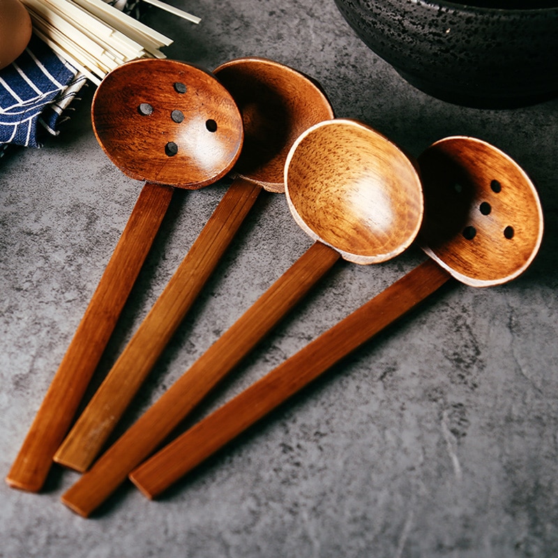 4 stk træskeer stor træske sæt japansk stil ramen suppe ske spiseskefuld lang håndteret køkken sil køkkenredskab