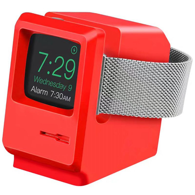 Voor Apple Horloge 7 6 5 4 Iwatch 3 2 1 Silicone Stand Charging Dock Houder Retro Computer Patroon Nachtkastje keeper Beugel Base: Red