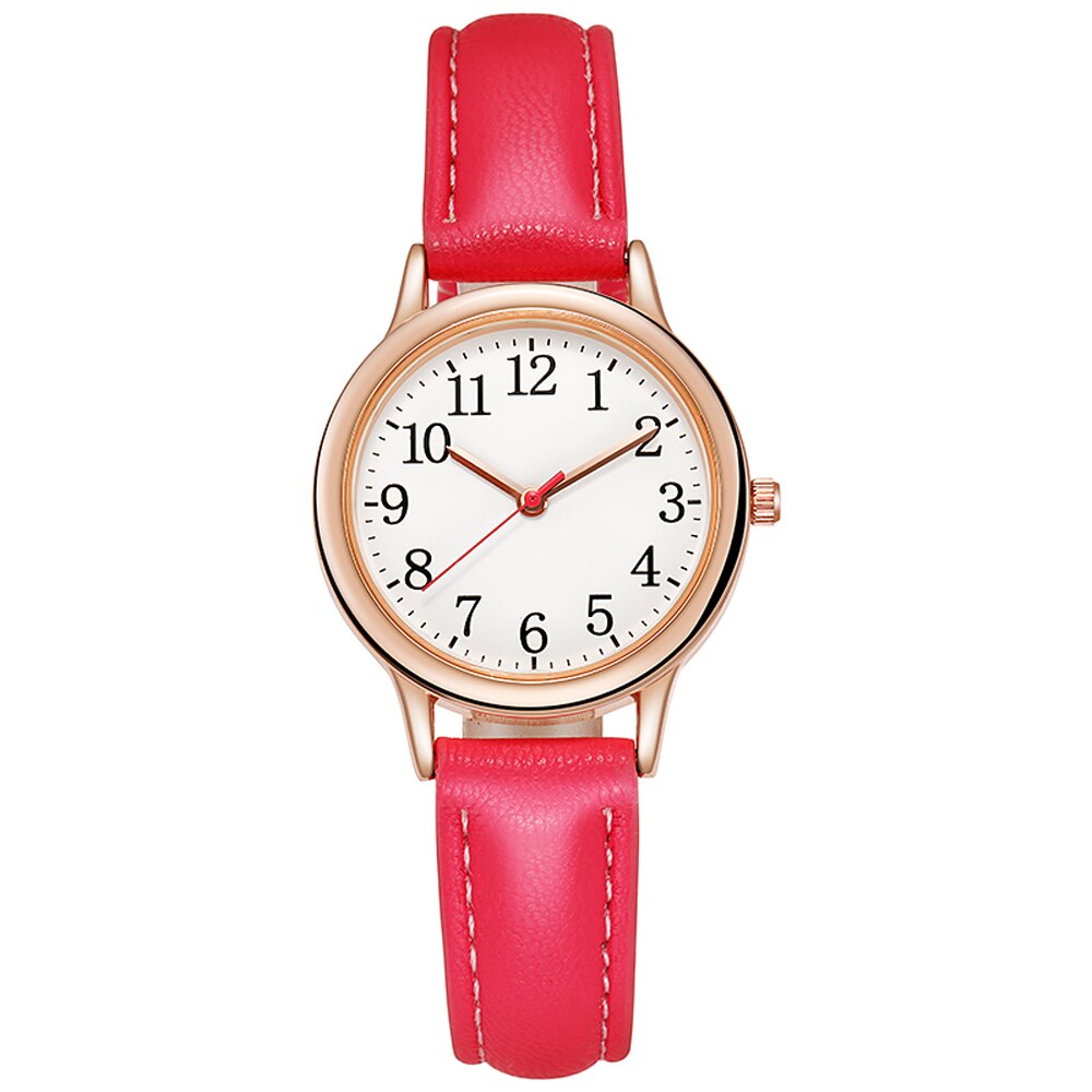 Montre à Quartz pour femmes, mouvement, chiffres arabes faciles à lire, cadran Simple, bracelet en cuir PU, couleur bonbon: red