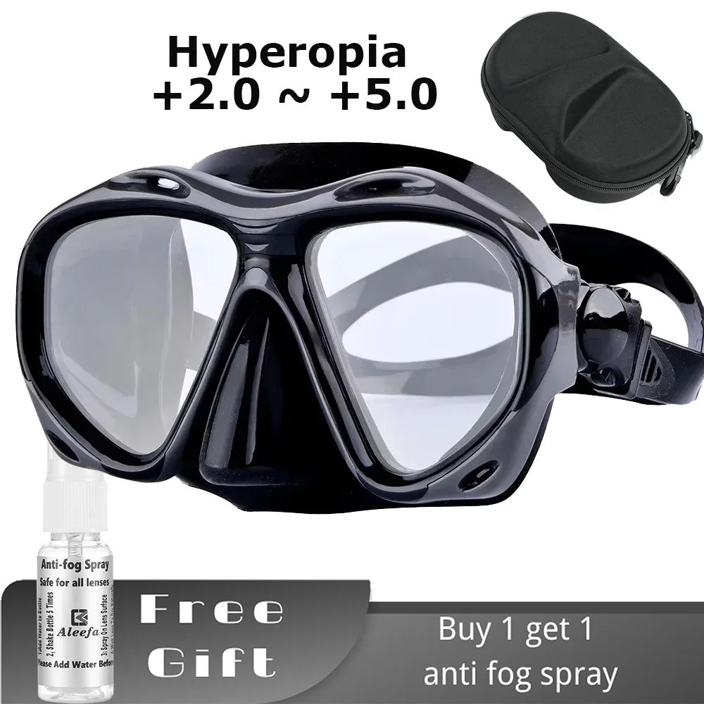 +2,0 a +5,0 Mascarilla de buceo para hipermetropía con lentes de vidrio templado, equipo para hombres y mujeres, spray antivaho