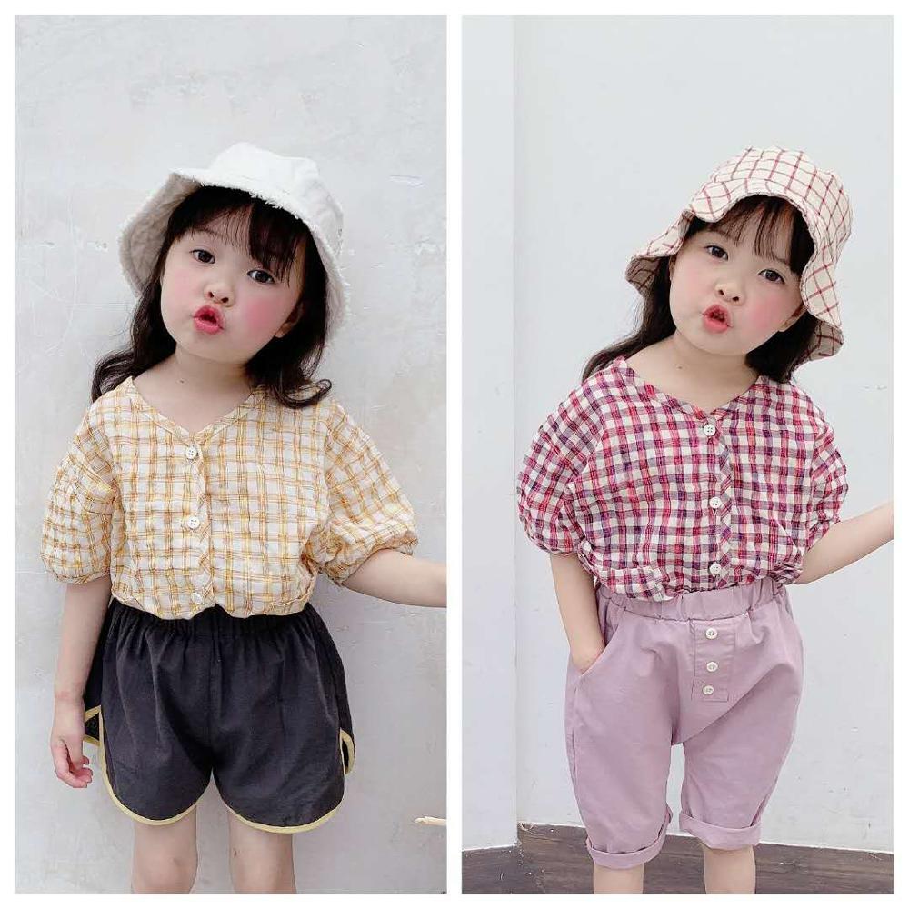 Vêtements pour enfants produits d'été filles été coréen chemise à manches courtes à carreaux à bulles d'été