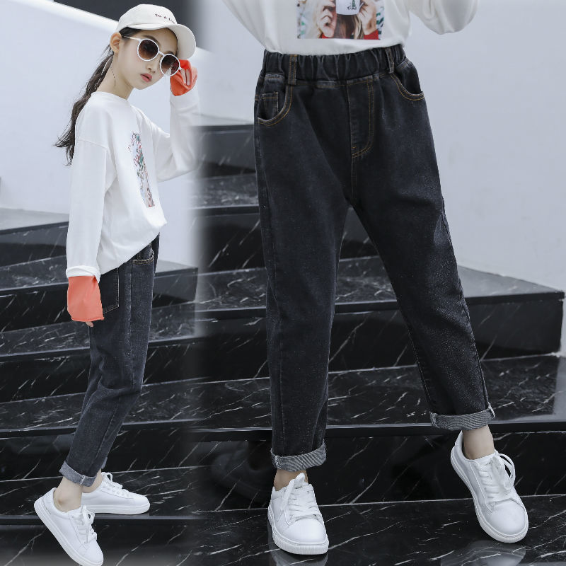 Vår höst barnkläder flickor jeans barn jeans byxor byxor resår i midjan bred casual tonåring jeans för tjej  w485: Heihuise / 14