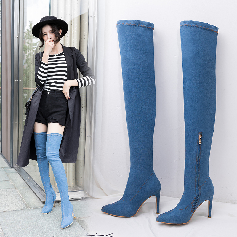 Plus size Women elastic denim jean boots thigh high boots knee high boots cowboy boots for Women High Heels botas mujer 7648