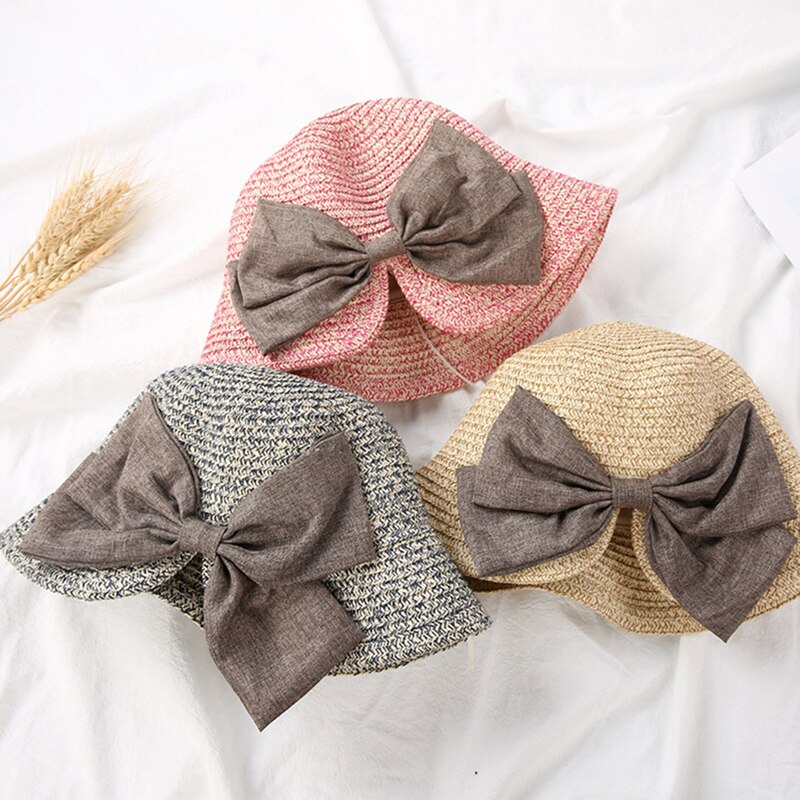 Children's Sun Hat Big Bow Wide Brim Floppy Summer Hats For Kids Beach Panama Straw Bucket Hat Sun Protection Visor Femme Cap