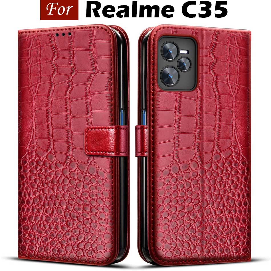 Realme  c35 hoesje rmx 3511 magnetische portemonnee flip leren boekhoesje voor oppo realme  c35 telefoonhoesje  c 35 realmec 35 cover etui kaart: Rood