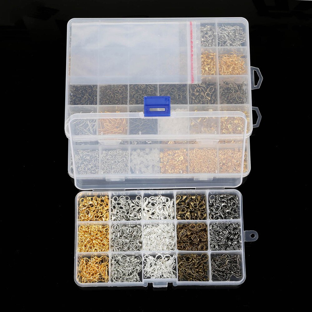 1 boîte 15/24 grille bijoux à bricoler soi-même matériaux de fabrication anneaux/homard fermoir/crochet/Torus/aiguille/Clip/bouchons d'oreilles faisant boîte perles Kit