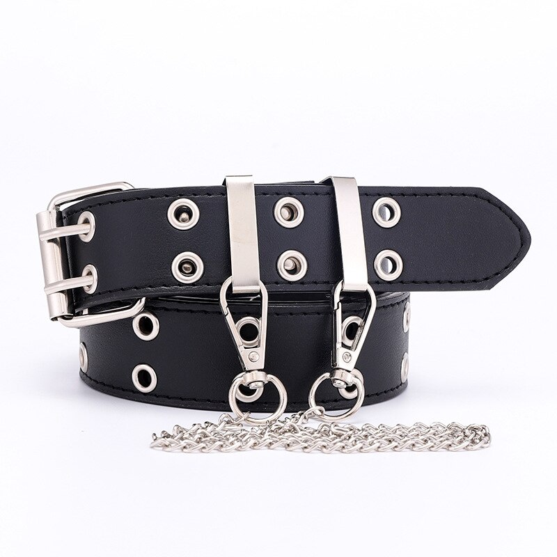 Punk stil kæde talje bælte til jeans kjole pu læder kvindelige damer rock stil luksus mærke rem bælter: 3.3cm sorte kæder