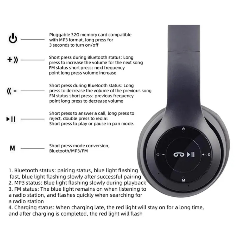 P47 auriculares inalámbricos Bluetooth con micrófono auriculares plegables bajo sonido HiFi música auriculares estéreo para teléfonos inteligentes TV juego