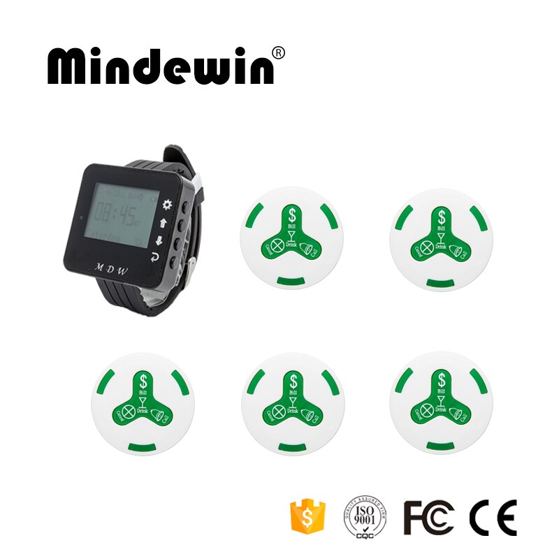 Mindewin Wireless Restaurant Call Paging System 1pc M-W-1 Wrist Watch Receiver+ 5pcs M-K-4 Waterproof Call Transmitter Button