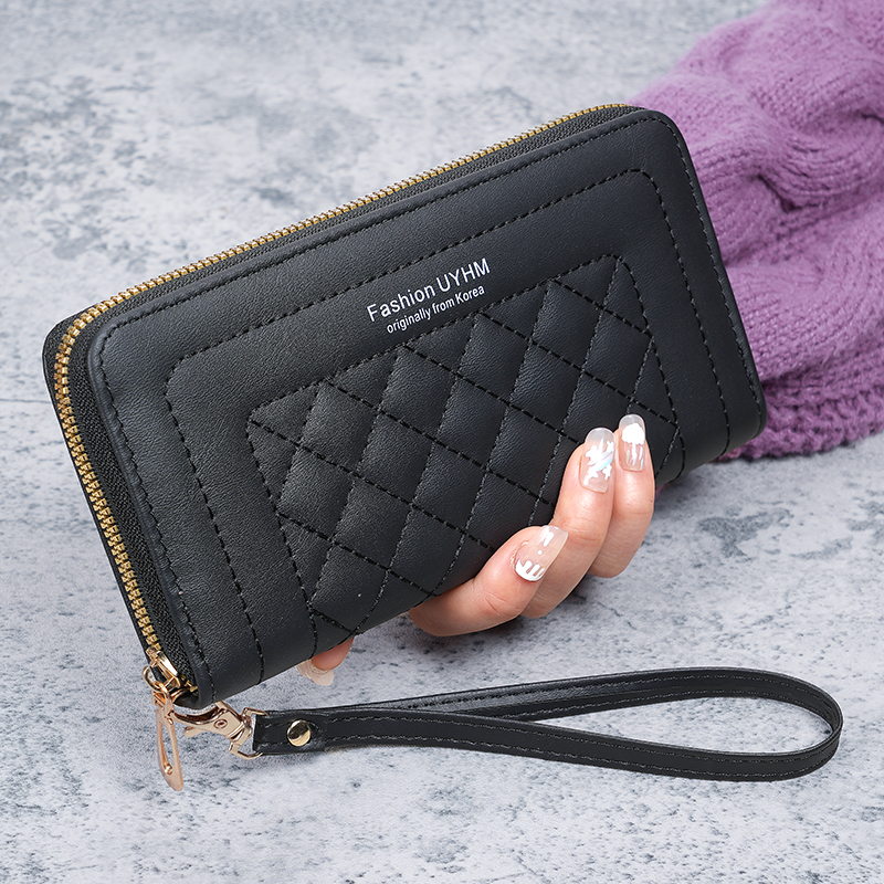 ladies purse long Joker zipper clutch bag embroidered large capacity soft wallet mobile phone bag: black