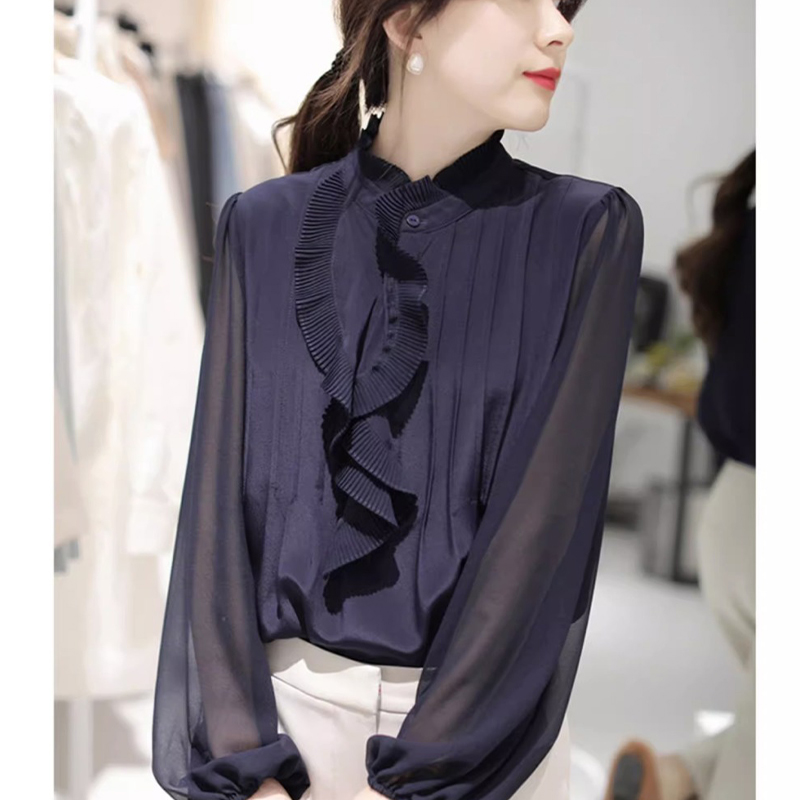 Camisa de gasa con volantes para mujer, de Color sólido blusa , informal, combina con todo, primavera y otoño: M / Azul marino