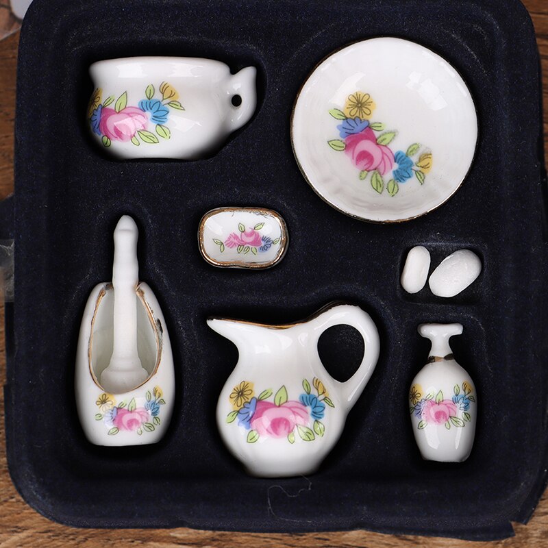 7Pcs/lot Dollhouse Miniature Dining Ware Porcelain Tea Set Dish Cup Plate -White Purple Flower Pattern