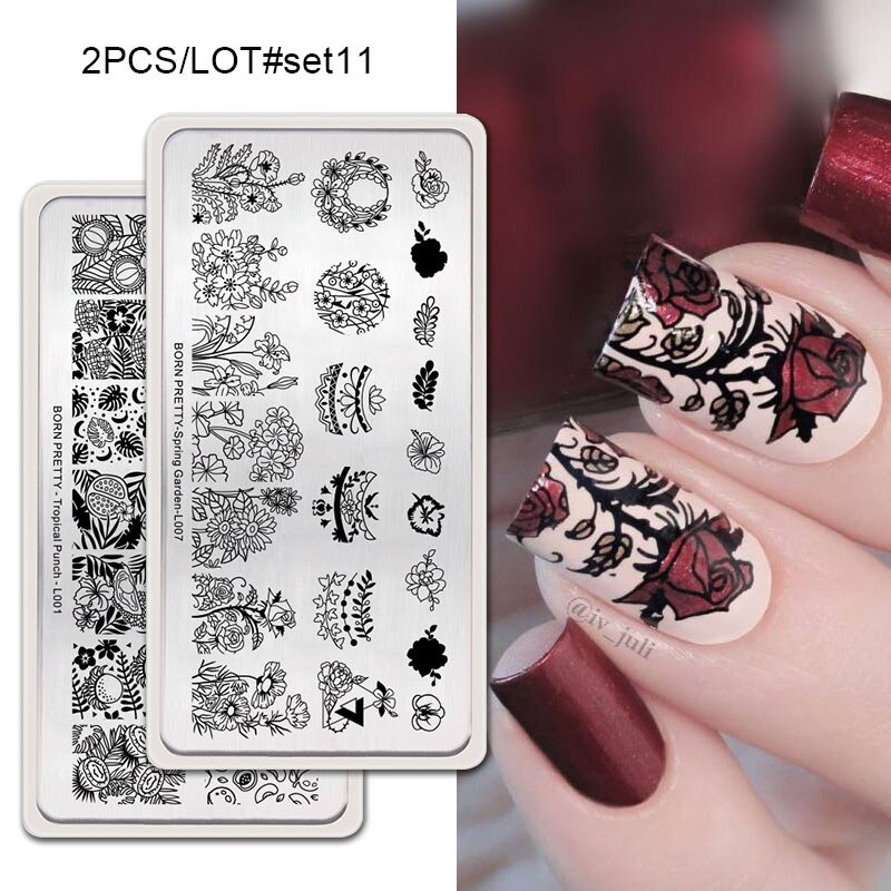 GEBOREN ZIEMLICH 2Pcs Nagel Stanzen Platten Set Rechteck Blume Geometrische Muster Nail art Bild Stempel Vorlage DIY Maniküre: 2Pcs-Set11