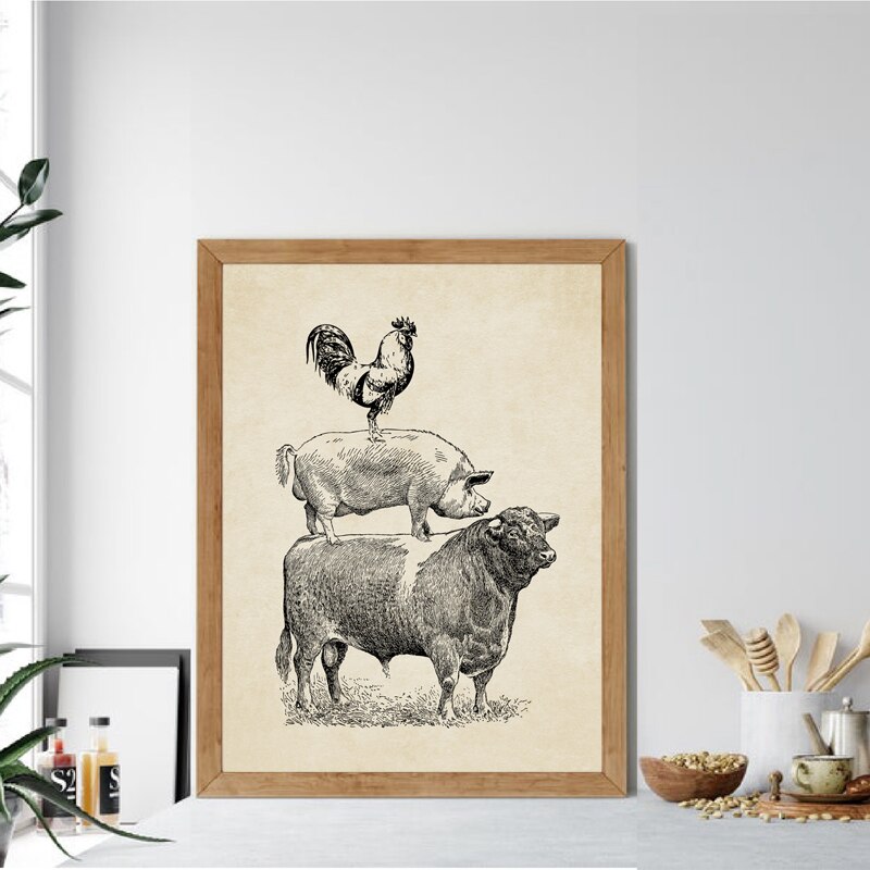 Pluimvee Koe Varken Kip Vintage Poster Keuken Decor, Franse Land Boerderij Retro Poster Kraftpapier