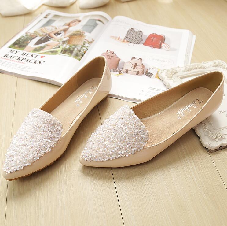 Femme chaussures marée paillettes sauvages bouche peu profonde bout pointu chaussures plates en cuir femmes chaussures décontractées n622: Beige / 4.5