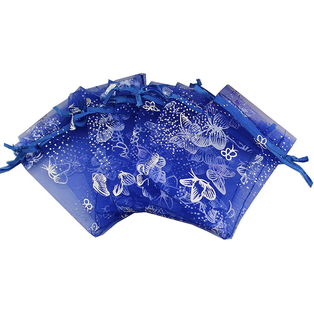100 PCS 10 Colors Jewelry Butterfly Organza Bag 10x12cm Wedding Christmas Voile Organza Packing Drawstring Bag Pouch: deep  blue